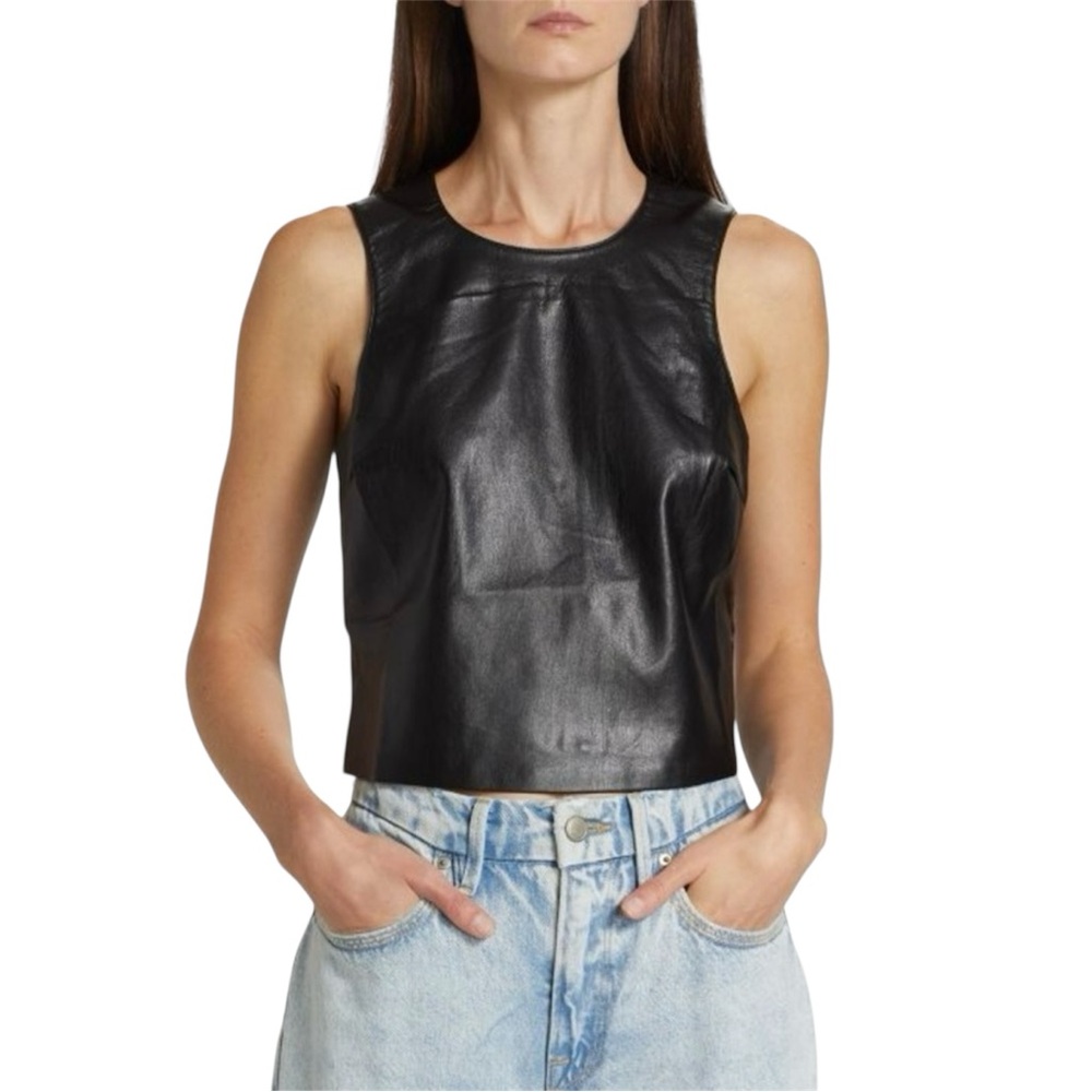 NWOT Good American Black Faux Leather Crop Vest Back Zip Size 4 Biker Goth